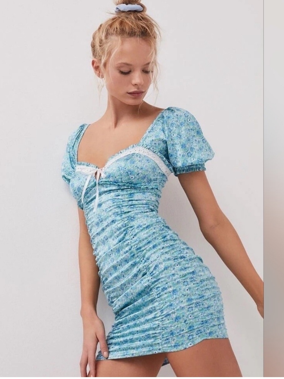 For Love And Lemons Blue Floral Puff-Sleeve Ruched Dress